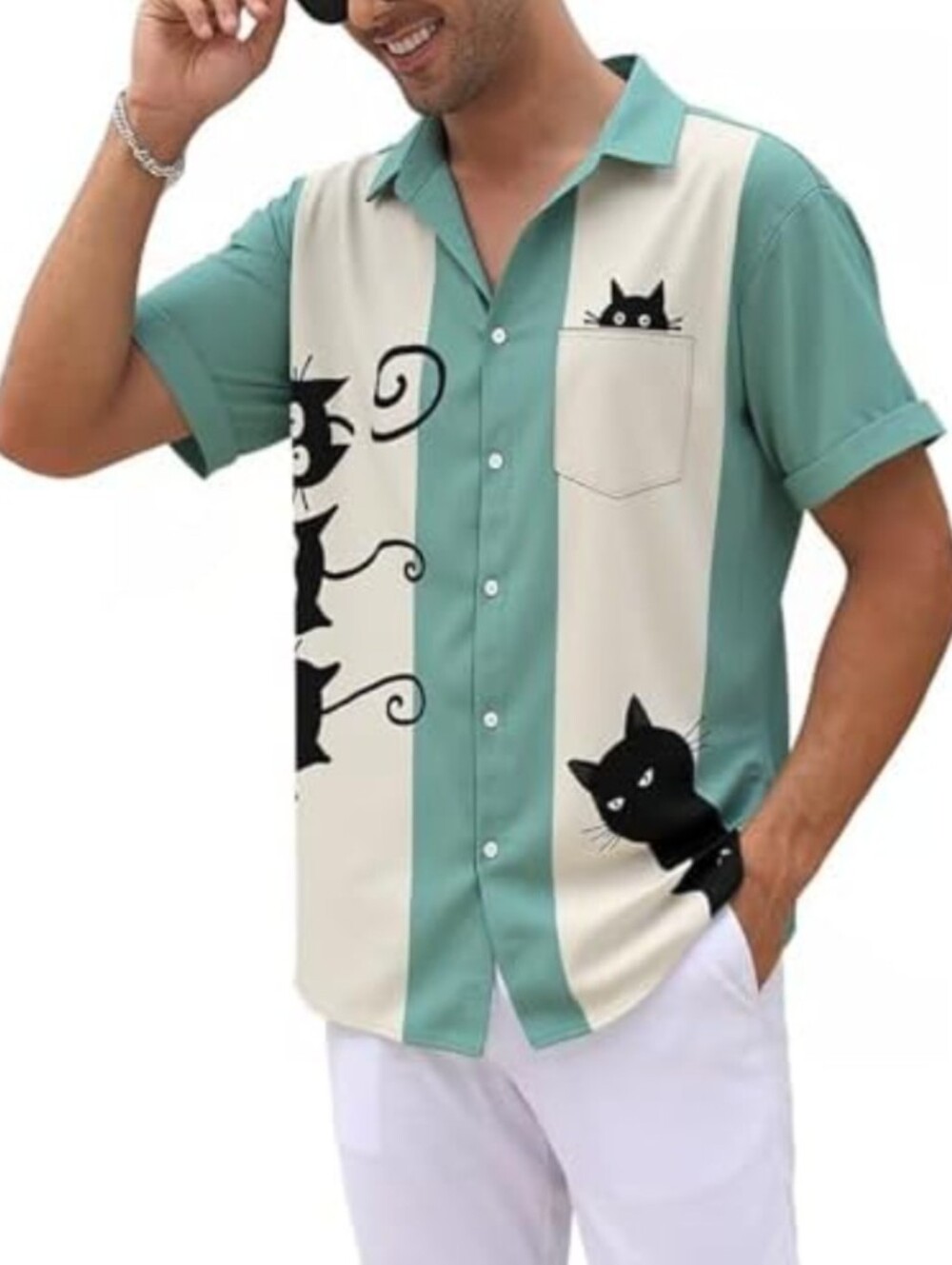 Men's Short-Sleeve Cat Print Button-Up Shirt